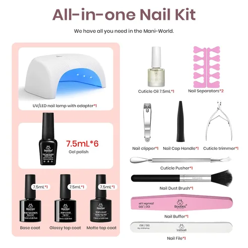 Vista 2 de Kit de Esmalte de Uñas en Gel Beetles con Luz UV, Gel Base y Capa Superior, Kit de Inicio de Esmalte de Uñas en 6 Colores Nude Neutros, Conjunto LED