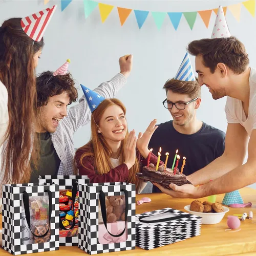 Vista 4 de Harloon 24 Pcs Racing Car Paper Gift Bags with Clear Transparent Window, Checkered Flag Treat Party Favor Bags with Handles for Race Car Birthday