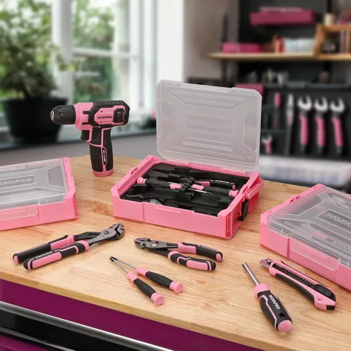 Vista 7 de WORKPRO Juego de herramientas para el hogar de 157 piezas con taladro eléctrico de 20 V y WORKPRO 43 piezas, juego de herramientas rosa con taladro