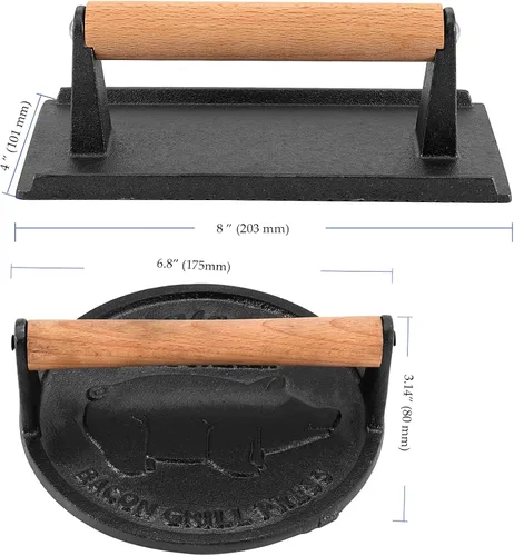 Vista 2 de Paquete de 2 prensas de hierro fundido negro, redondas de 7 x 7 pulgadas y 8 x 4 pulgadas, prensa rectangular de tocino pesado con mango de madera