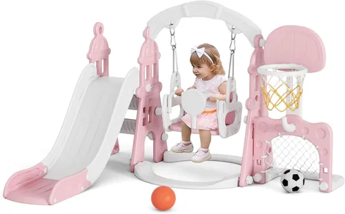 Vista 12 de XJD - Juego de tobogán y columpio 6 en 1 para niños pequeños, tobogán para niños de 1 año en adelante, juego de exterior para niños pequeños con aro