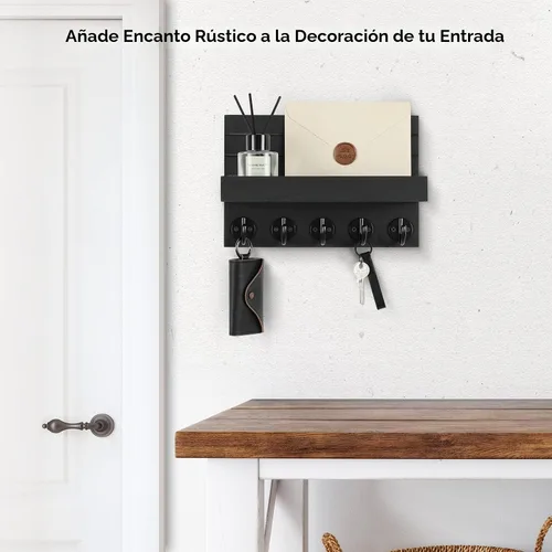 Vista 4 de Lwenki - Soporte de llaves para pared, llavero decorativo y soporte para correo con estante, tiene ganchos grandes para bolsos, abrigos, paraguas