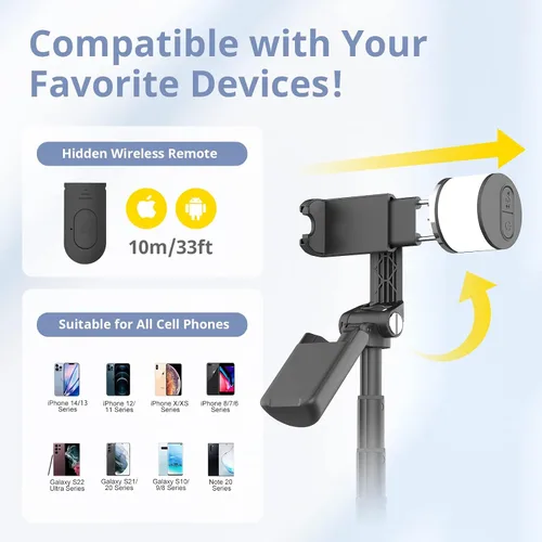 Vista 6 de Sensyne Palo selfie con luz, trípode para teléfono con mango giratorio de 360° compatible con teléfonos celulares