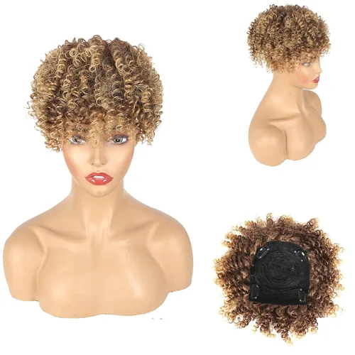 Vista 7 de Matthia Pelucas de cabello rizado marrón con flequillo para cabello fino, sintético corto afro rizado rizado con clip para mujeres negras (1B/27#)