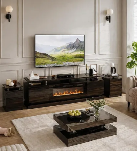 Vista 15 de 2 Piece Modern Table Set Includes 70" Fireplace TV Stand & 47" Coffee Table with Charging Station and USB Ports, for Living Room, Black