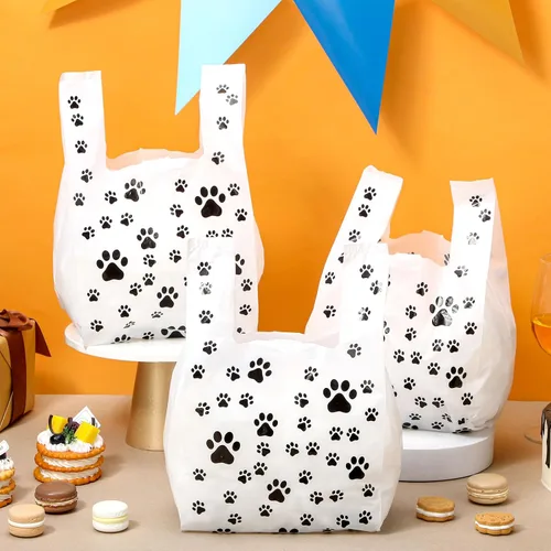 Vista 3 de Outus 50 bolsas con estampado de patas, bolsas de regalo para mascotas, bolsa de plástico para cachorros, suministros de decoración de cumpleaños