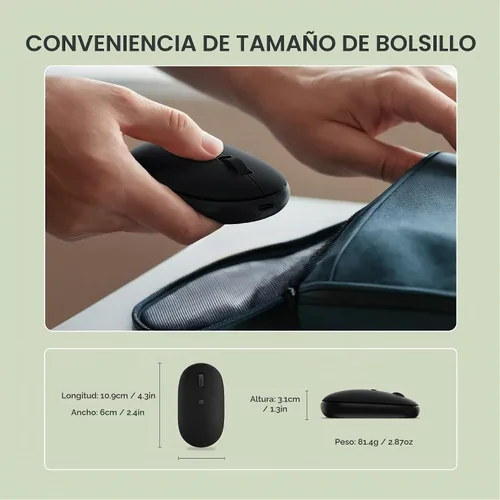 Vista 5 de Satechi OntheGo Mouse Bluetooth con batería recargable USB C, conecta hasta 3 dispositivos, mouse inalámbrico compacto y portátil para laptop, Negro