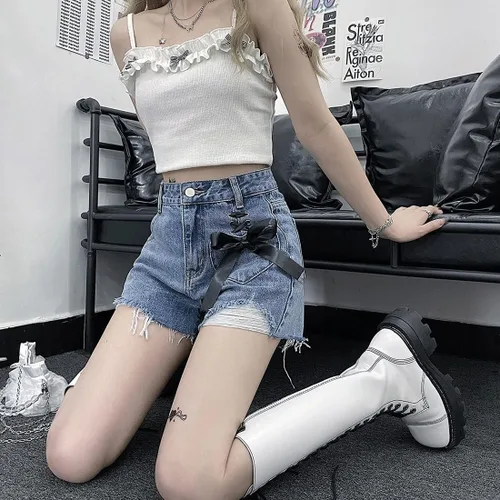 Vista 5 de ZLMuMulin Y2K Harajuku Style Kawaii Pastel Gothic Fashion High Waist Wide Leg Vintage Ribbon Ripped Jeans Shorts