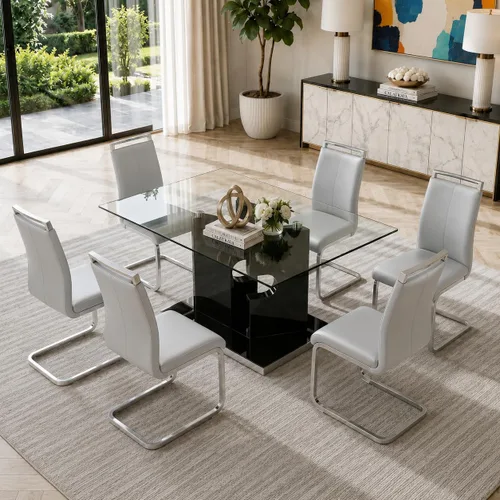 Vista 20 de Ebullient Juego de mesa de comedor de cristal de 63 pulgadas para 6, mesa de comedor de vidrio negro y base de MDF, mesa de cocina rectangular Mesa