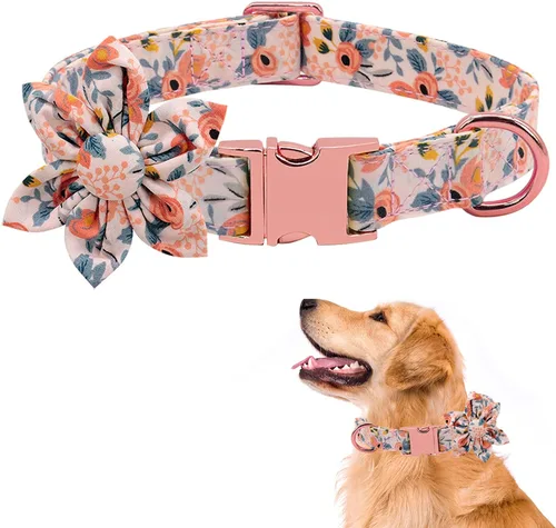 Vista 8 de Collar de perro lindo para cachorros, pequeños, medianos y grandes, collar de perro ajustable con hebilla de metal, flor desmontable, collar