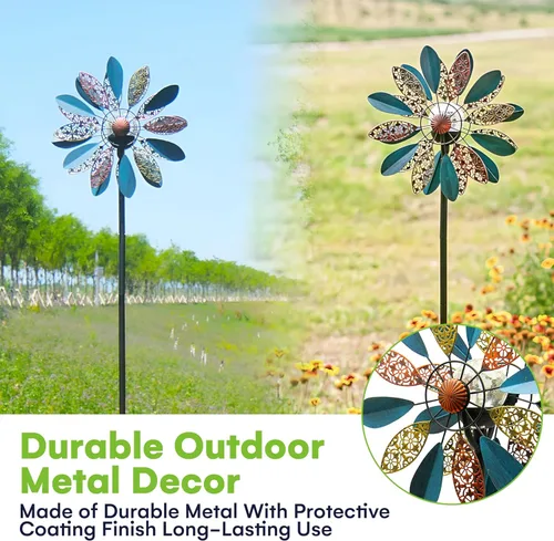 Vista 2 de Molinillos de viento de 75 pulgadas Arabesque - Funciona con energía solar con bola de vidrio LED multicolor - Molinillo de viento cinético de metal