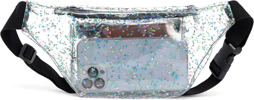 Vista 3 de Riñonera holográfica de grava, color plateado, dorado, rosa, morado, para mujeres, festivales, rave, fiestas, viajes, Luna multicolor transparente