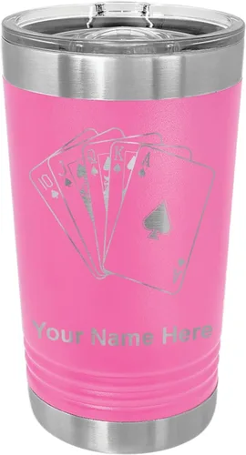 Vista 11 de LaserGram Vaso de pinta aislado al vacío de 16 onzas, tarjetas de póquer Royal Flush con grabado personalizado incluido (negro)