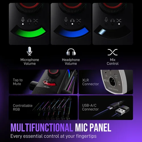Vista 6 de Kit de micrófono de juego FIFINE, micrófono dinámico XLR/USB para PC con brazo articulado para grabación de podcast, juego de micrófono RGB