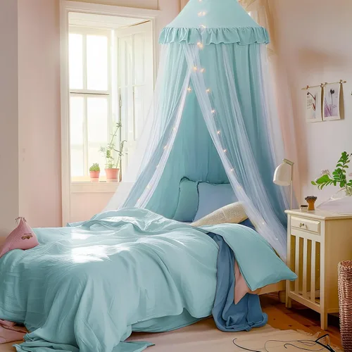 Vista 9 de Dosel de cama con luces de estrella, dosel de doble capa para cama, tienda de campaña de princesa para habitación de niñas, cortina de dosel