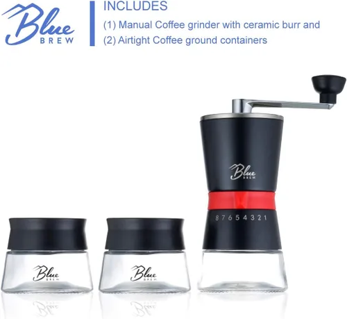 Vista 2 de Blue Brew Molinillo de café manual, molinillo de café manual con rebabas de cerámica y 15 grosores ajustables, 2 tarros de vidrio herméticos