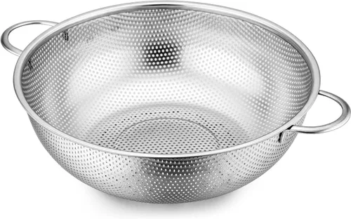 Vista 8 de E-far Juego de 3 coladores de acero inoxidable (1-3-5 cuartos de galón), colador de metal microperforado con mango para cocina/escurrimiento