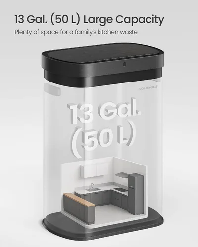 Vista 6 de SONGMICS Bote de basura automático con sensor de movimiento, 13 galones (50 L) con tapa de cierre suave, acero inoxidable, onda o táctil para abrir