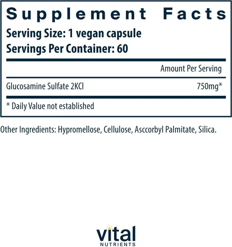 Vista 2 de Vital Nutrients Sulfato de glucosamina vegano de 750 mg – Suplemento saludable para cartílago, movilidad y apoyo articular – Fuente vegetal