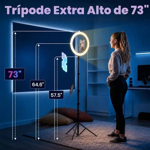 Vista 3 de Anillo de luz para selfie de 12 pulgadas con soporte para trípode extensible de 73 pulgadas: luces de escritorio para selfie PEYOU, luces de anillo