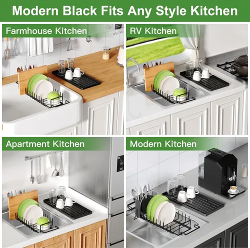 Vista 5 de Estante de secado de platos sobre el fregadero, expandible, pequeño, negro, escurridor para secar para la encimera de la cocina, metal de acero