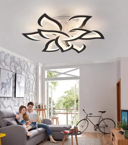 Vista 2 de MEIXISUE Lámpara de techo moderna con flor LED en negro, accesorios de iluminación de techo montados con control remoto para sala de estar