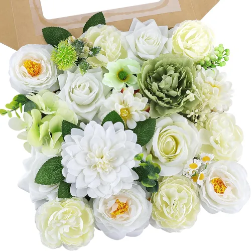 Vista 14 de AmyHomie - Juego de flores artificiales azules, mezcla de seda, peonía, rosa, hortensia, flores falsas con tallo para bricolaje, ramos de boda