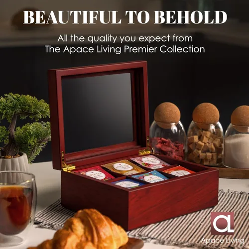 Vista 5 de Caja de té – Organizador de bolsas de té de madera de lujo de The Apace Premier Collection – Contenedor de almacenamiento de té de 6 compartimentos
