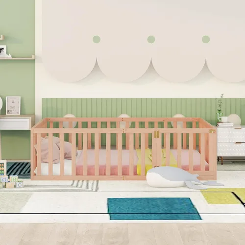 Vista 3 de Cama de plataforma de tamaño matrimonial con valla, marco de cama de piso de madera maciza con puerta, marco de sofá cama de tamaño matrimonial