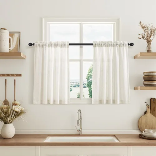 Vista 76 de Cortinas de lino verde aguamarina de 84 pulgadas de largo, juego de 2 paneles semitransparentes con bolsillo para barra para comedor, decoración