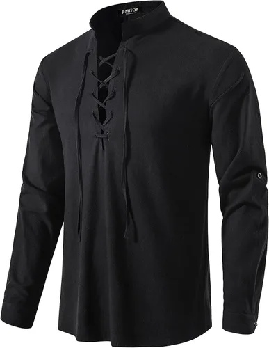 Vista 27 de JEMITOP Men's Pure Cotton Renaissance Lace Up Shirt Verde militar