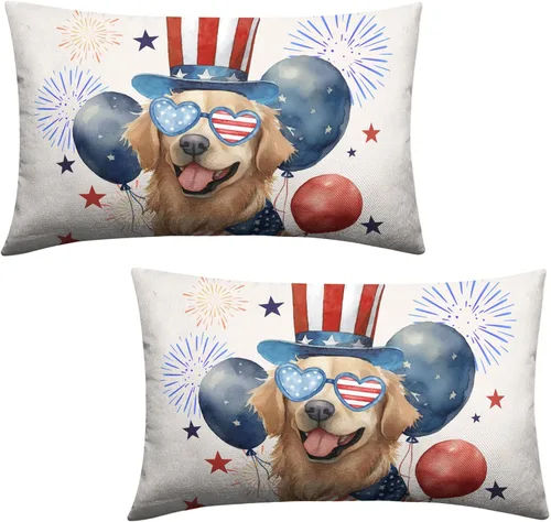 Vista 74 de Juego de 2 fundas de almohada patrióticas para exteriores, diseño de estrellas azules del 4 de julio, 16 x 16 pulgadas, fundas de almohada
