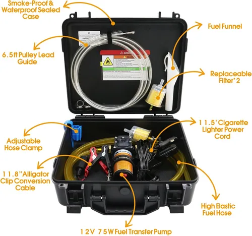 Vista 2 de Juego de bomba de transferencia de combustible de 12V 75W, bomba de transferencia de gasolina que mueve hasta 110 galones de gasolina o diésel por