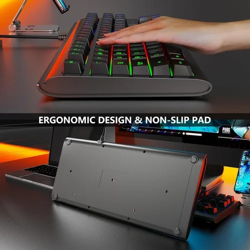 Vista 3 de Lumsburry - Teclado de computadora, 87 teclas, teclado USB compacto con cable, retroiluminación LED de arcoíris para PC, portátil, teclado