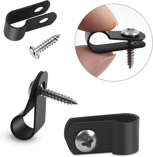 Vista 4 de VIPMOON 100 abrazaderas de cable tipo R de 1/2 pulgada, clips de plástico de nailon con tornillos, sujetadores de cable de montaje para gestión