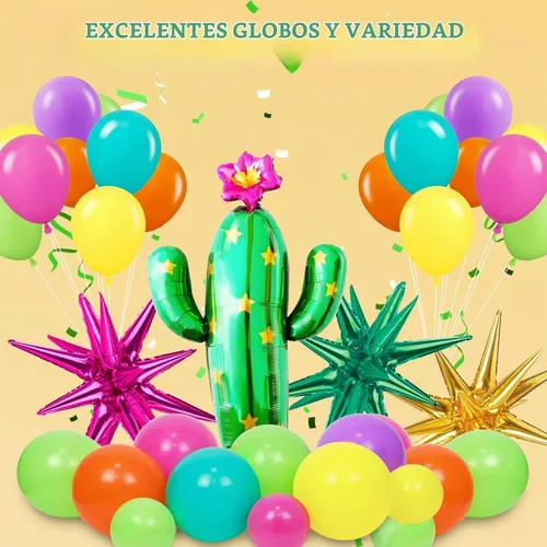Vista 4 de Kit de guirnalda de globos de fiesta mexicana de 158 piezas con globos de aluminio amarillo, rosa intenso, lima, verde, naranja, morado, verde