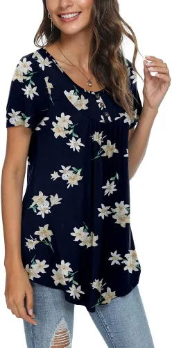 Vista 2 de POPYOUNG Women's Casual Short Sleeve Button Tunic Tops Loose Shirts with leggings