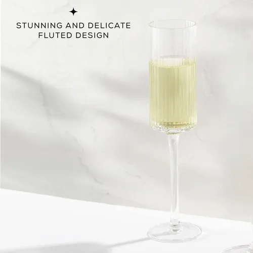 Vista 8 de JoyJolt Elle Copas de Champán de 5.7 oz, Juego de 2 Flautas de Vidrio Acanalado, Estilo Vintage Copas Únicas para Beber Cócteles y Mimosas, Flautas