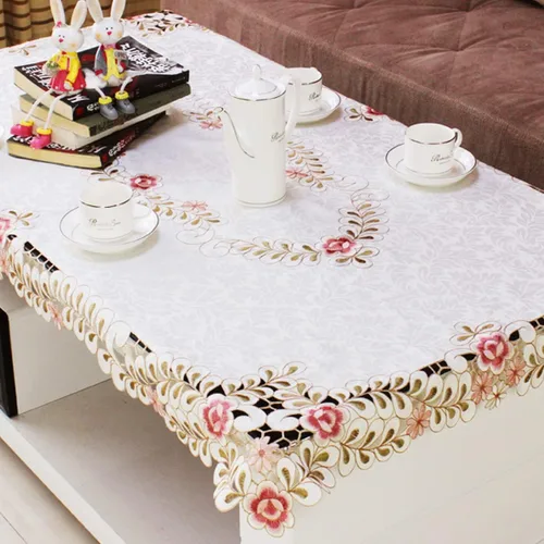 Vista 10 de LeLehome - Mantel de encaje bordado con flores cafés, color crema y beige, diseño clásico y tela que no se arruga para mesa de comedor