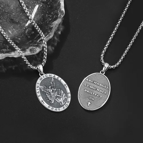 Vista 5 de Odinstone Collar de plata de ley 925 con medalla de San MiguelSan CristóbalSan BenitoCrucifijo de JesúsSan UrielArcángel Rafael para hombres