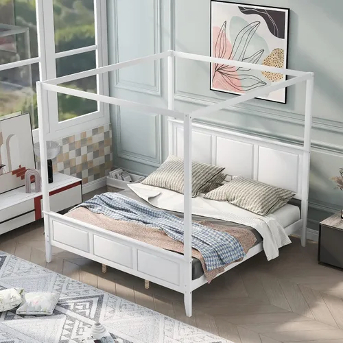 Vista 3 de Harper & Bright Designs Cama con dosel tamaño King con cabecera y estribo, cama de plataforma de madera con soporte de listones, tamaño King