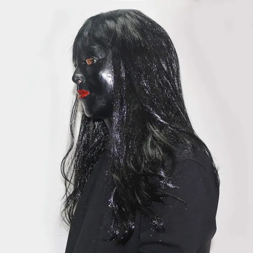 Vista 4 de Máscara femenina sexy realista con pelo largo negro fiesta de Halloween máscara de látex mujer cara crossdressing marica