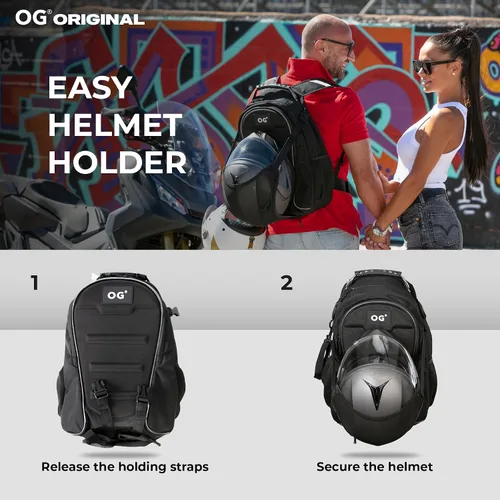 Vista 3 de OG Original CityRunner Mochila para motocicleta, impermeable, expandible, 30-35L, bolsa para casco de motocicleta, correa para casco, gran