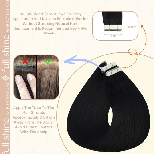 Vista 4 de Full Shine - Extensiones de cabello humano con cinta adhesiva, 10 pulgadas, sin costuras, color 1 negro azabache de 1.06 oz, cinta invisible