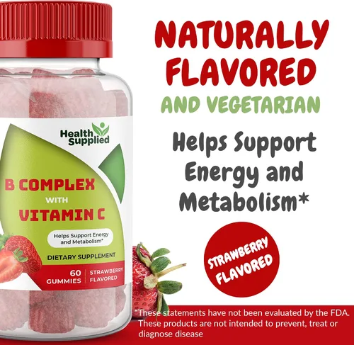 Vista 2 de Gomitas de complejo de vitamina B con sabor a fresa - Complejo B con vitamina C - Apoya el sistema nervioso y aumenta los niveles de energía - Ayuda