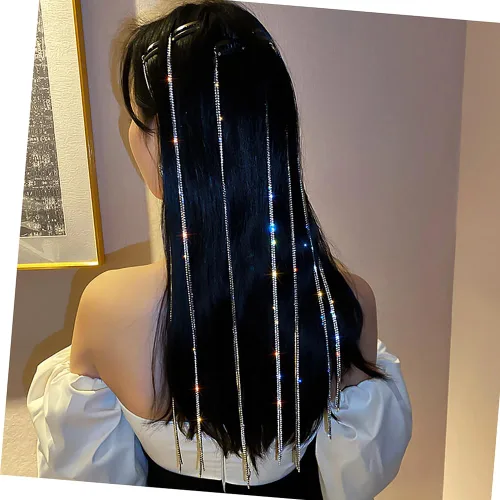 Vista 7 de Cadenas para el cabello para mujer, 4 pinzas de pelo plateadas con borlas de diamantes de imitación, extensiones de cabello, horquilla decorativa