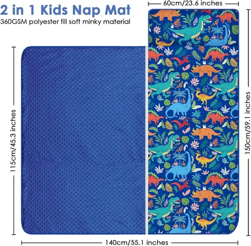 Vista 2 de Colchoneta portátil para siesta para niños con almohada extraíble y manta para niñas y niños, saco de dormir ligero extra grande para preescolar