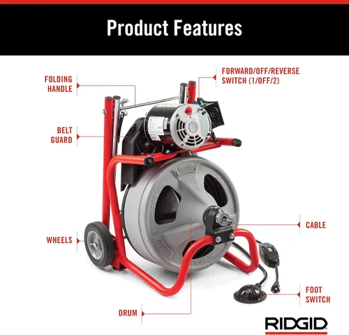 Vista 5 de Ridgid 52363 Modelo K-400 Kit de Máquina de Tambor de Limpieza de Drenaje de 120 Voltios con Cable C-32IW de 3/8" x 75