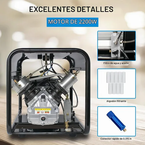 Vista 5 de TUXING Compresor Pcp de 4500 psi, compresor de aire de buceo de doble cilindro, versión de parada manual, bomba de aire de alta presión para pistola