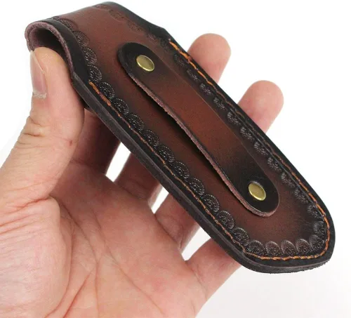Vista 4 de Funda de cuchillo de bolsillo de 4/4.5 pulgadas, funda de cuero portátil para cuchillo con diseño de agujero para colgar para cinturón